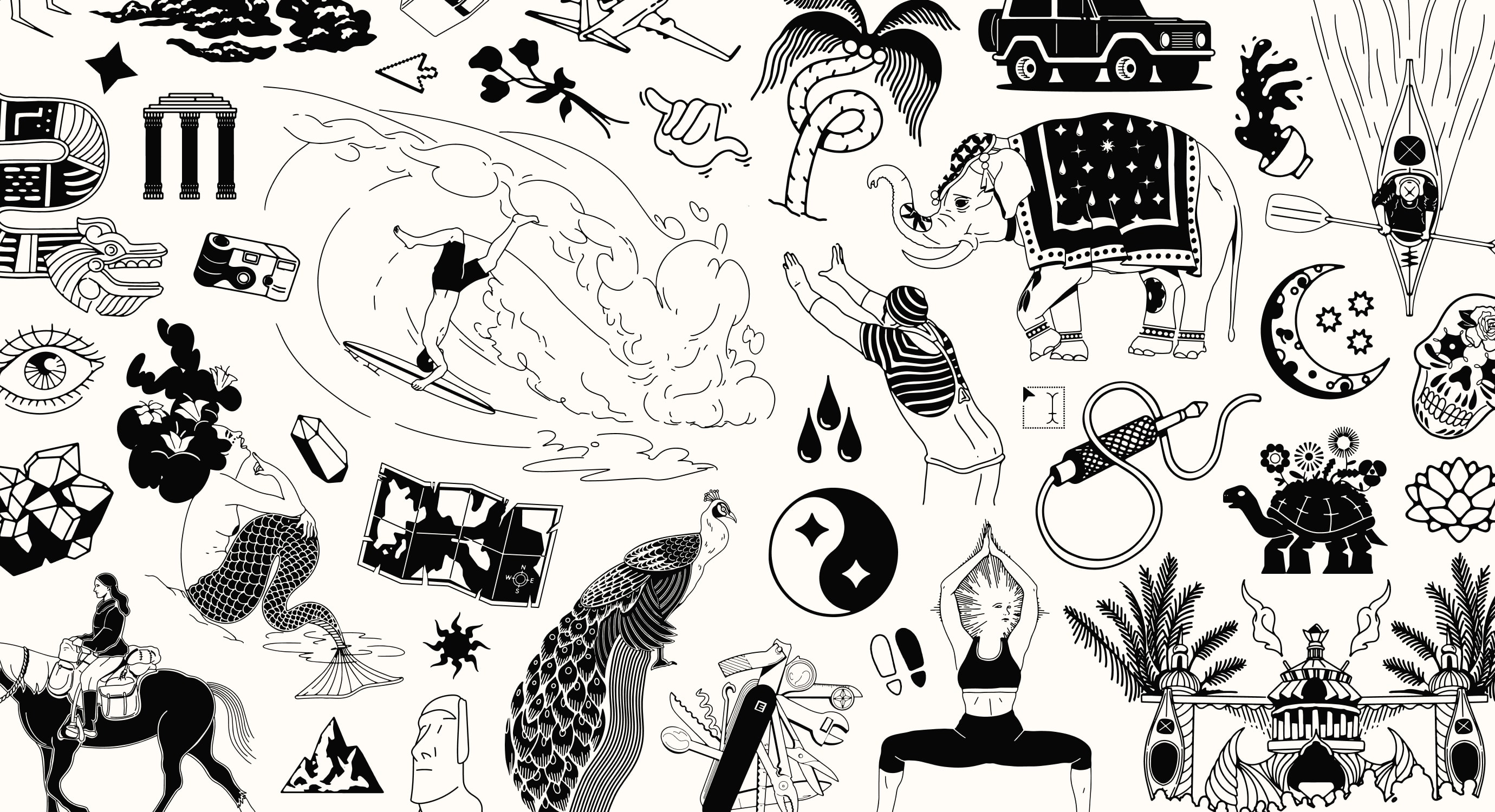 a collage of handmade illustrations, such as an elephant, aerialists, hawaiian style beach houses, etc.
